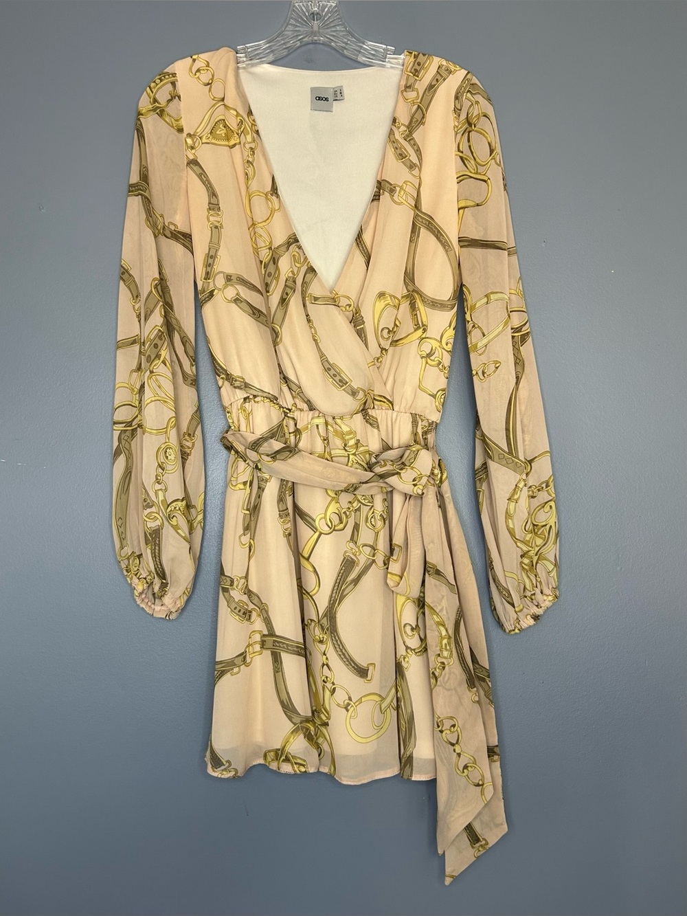 ASOS Dress 4 Beige Equestrian Chain Print Wrap Mini Long Sleeve Belted Chiffon